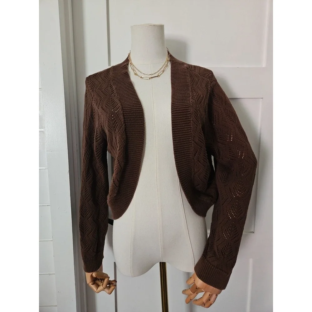 Worthington Cropped Cardigan Sweater XL Brown Open Front Pointelle Knit Cotton